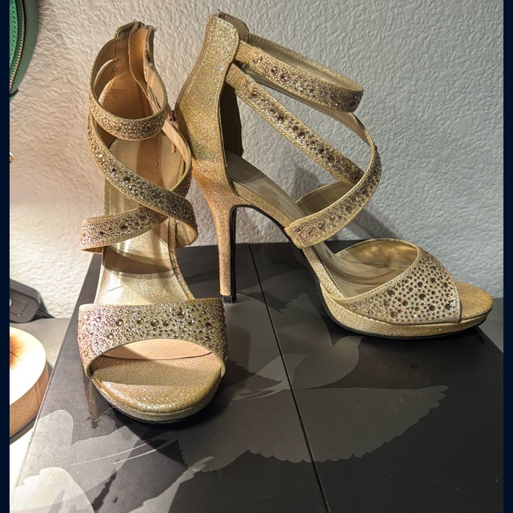Guess Gold Stiletto Heels with Rhinestone Embellishments